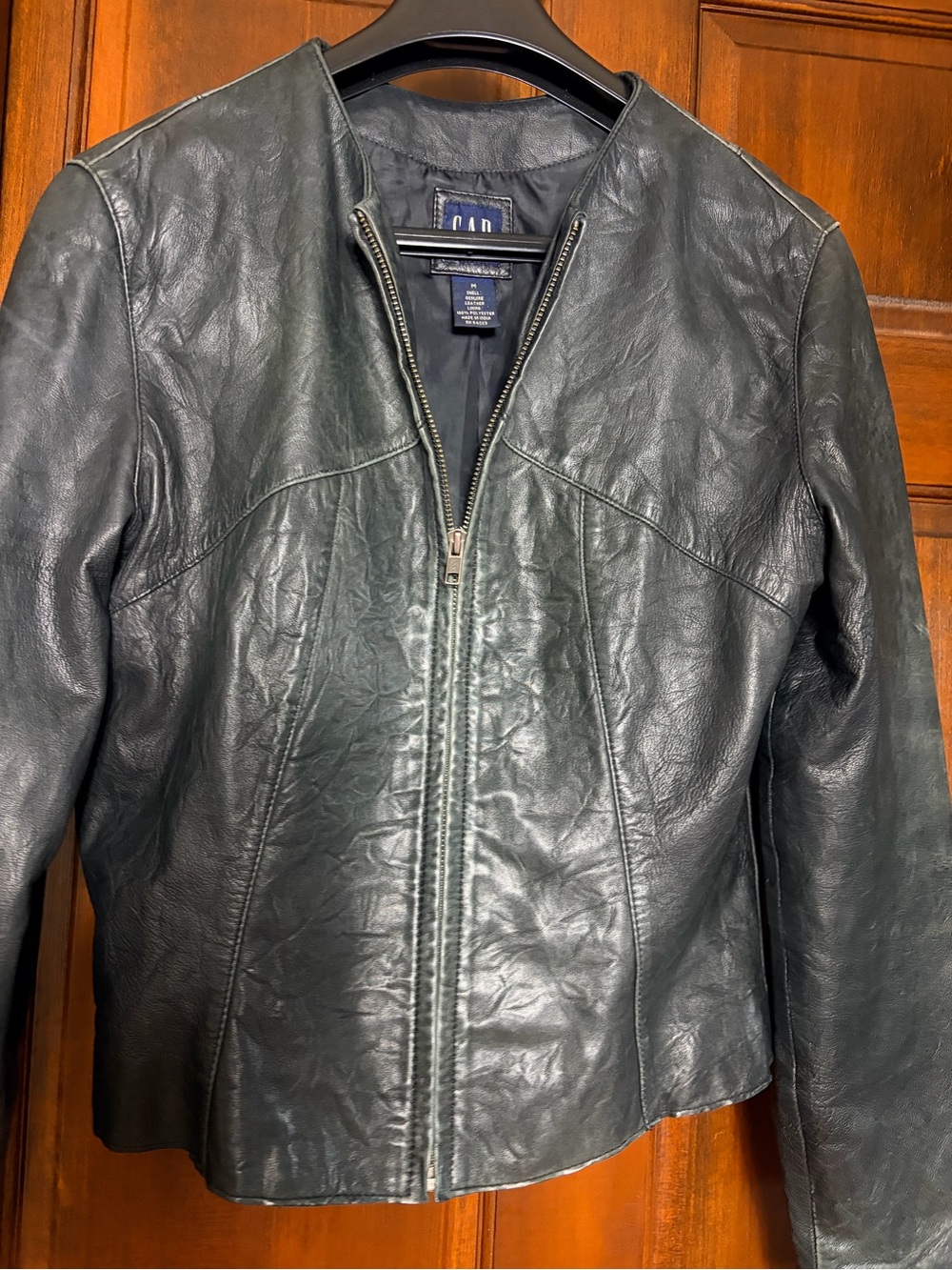Vintage 90s Y2K GAP Collarless Black Leather Moto Jacket Western Medium